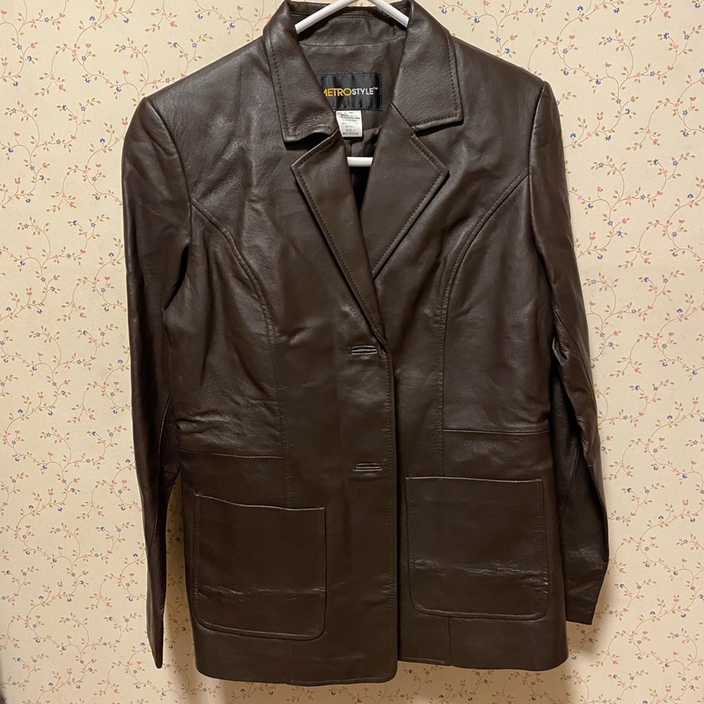 Brown leather coat button front